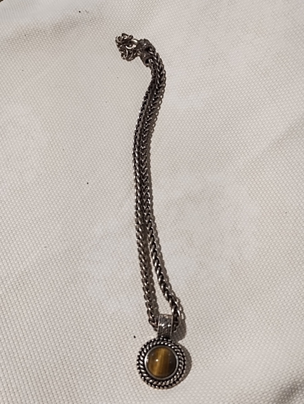Sterling-Style Silver Necklace with Round Tiger's Eye Pendant VGC.